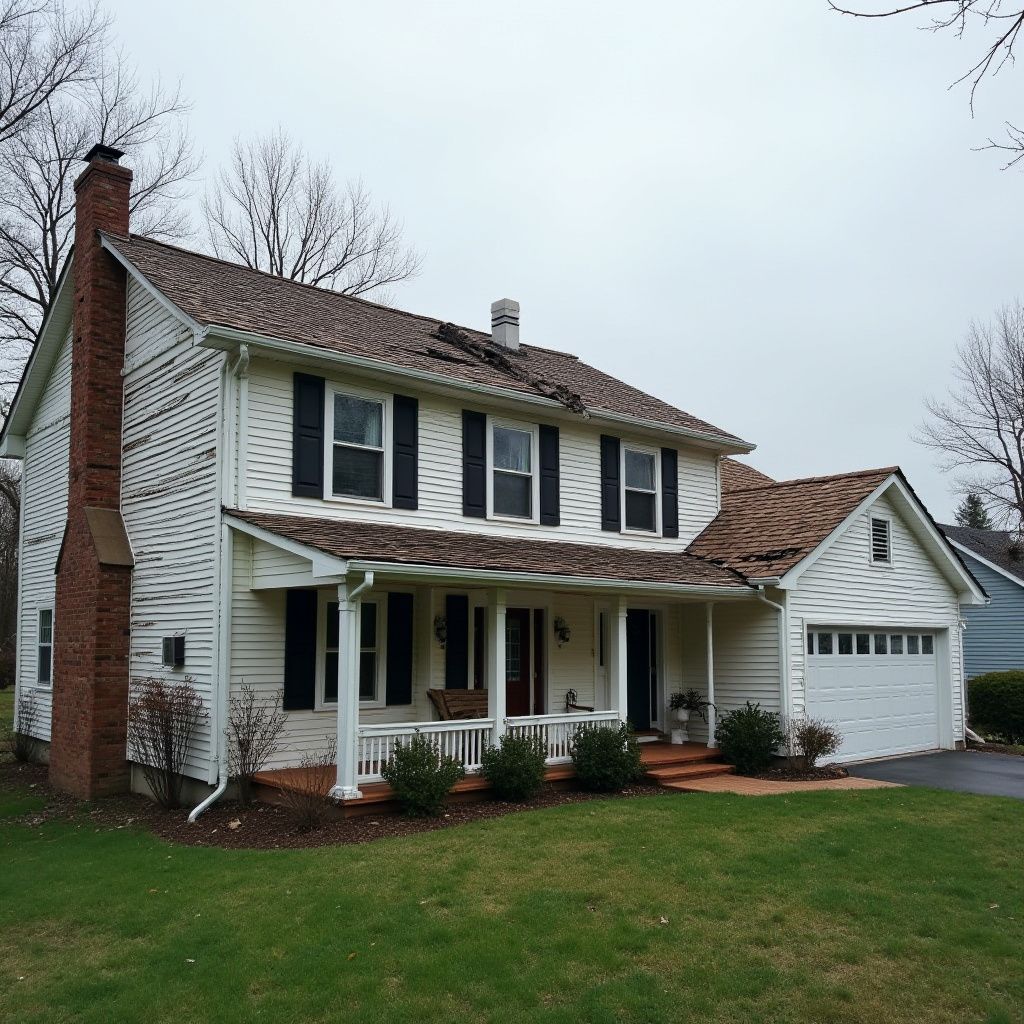 home with wind damage on roof and siding.