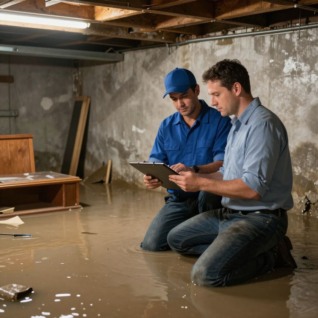 Two professionals in work clothes kneel in a flooded basement, reviewing information on a tablet.