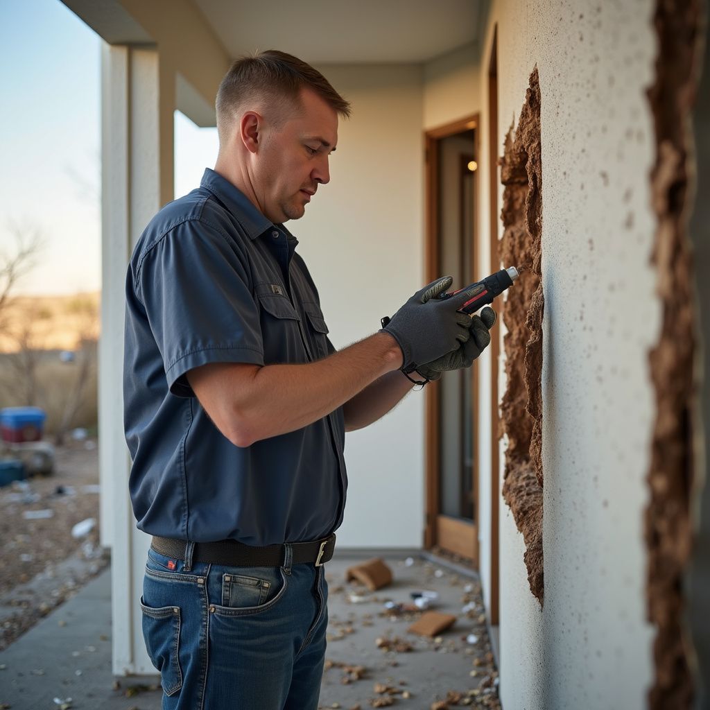 Man in a uniform holding a tool standing outside a home with hail damage