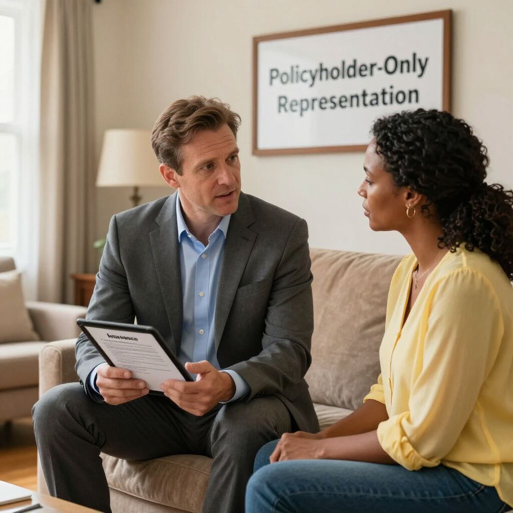 A professional sits on a sofa discussing paperwork with a client in an office under a sign reading Policyholder-Only.
