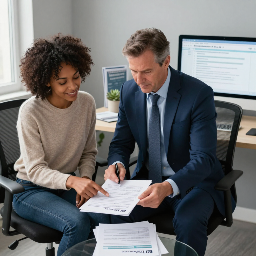 Two coworkers reviewing paperwork at a desk in an office, with one pointing at a form.