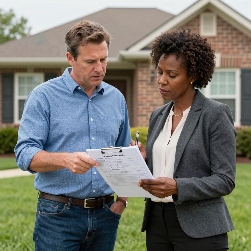Two professionals stand in front of a house, reviewing a document on a clipboard.