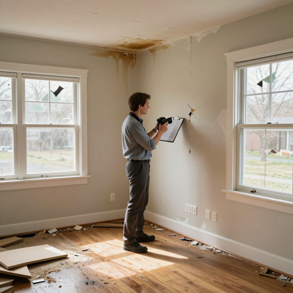 A person inspects wall and ceiling water damage in a room with debris on the hardwood floor.