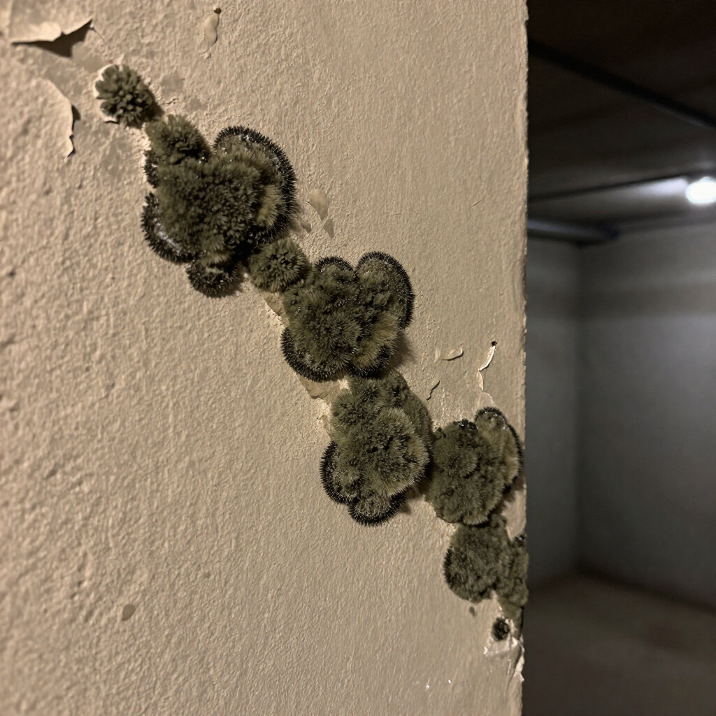 Cluster of dark fuzzy mold patches on a beige wall corner in a dim hallway