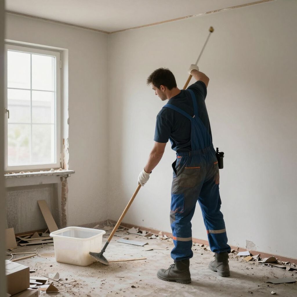 A construction worker in blue overalls uses a long-handled sander to smooth a white wall in a room under renovation.