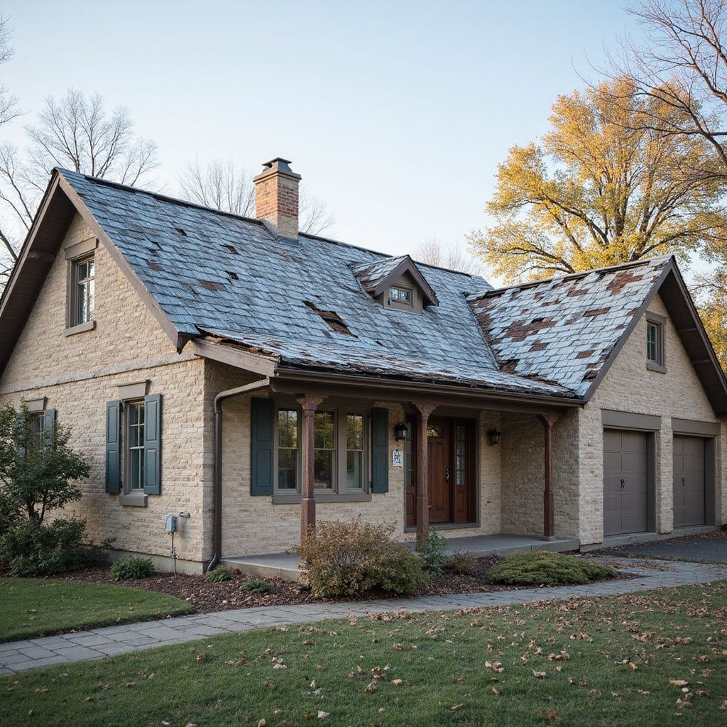 Roof with wind damage missing shingles
