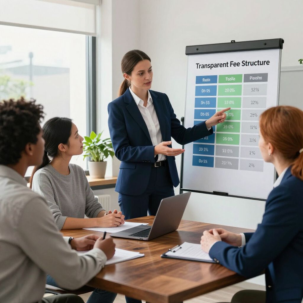 A presenter stands at a whiteboard in a meeting, pointing to a table of data while three colleagues listen at a table.