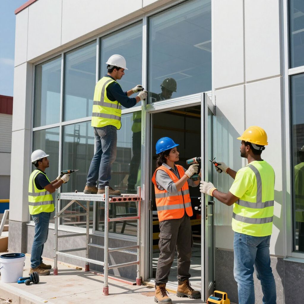Four construction workers in high-visibility vests and hard hats install a glass door on an exterior building frame.