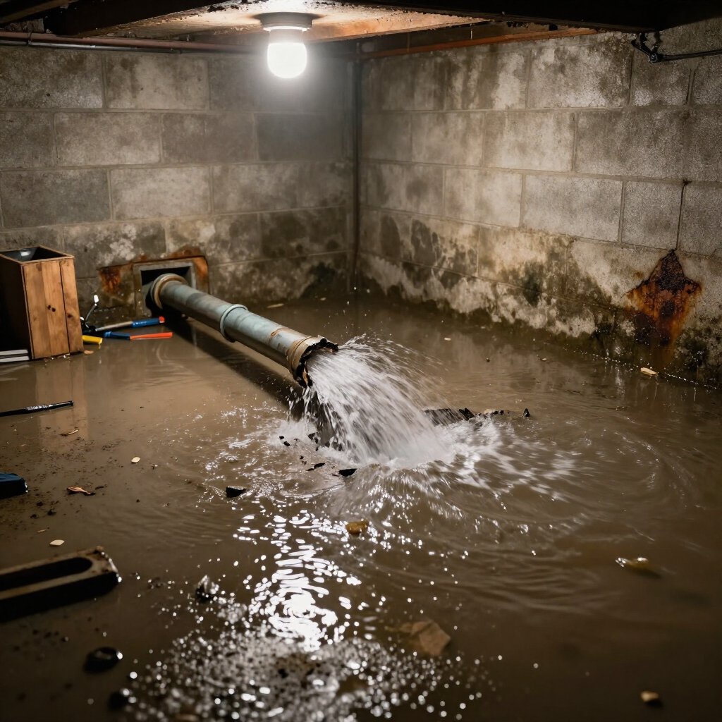 Basement flooded with muddy water spraying from a broken pipe under a bare lightbulb