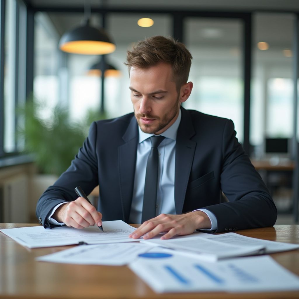 A person in a business suit sits at a wooden table in an office, reviewing and signing documents with charts.