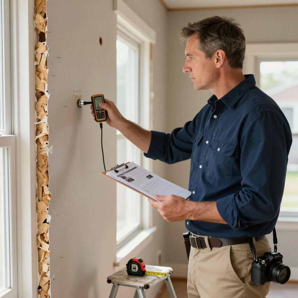 A professional using a moisture meter to inspect a wall near a window, holding a clipboard to record the findings.