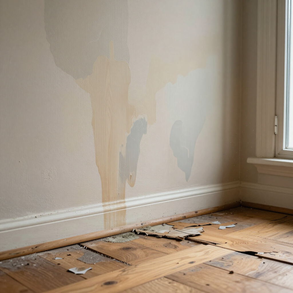Damaged wall with peeling paint and water stains above a broken wooden floor near a window.