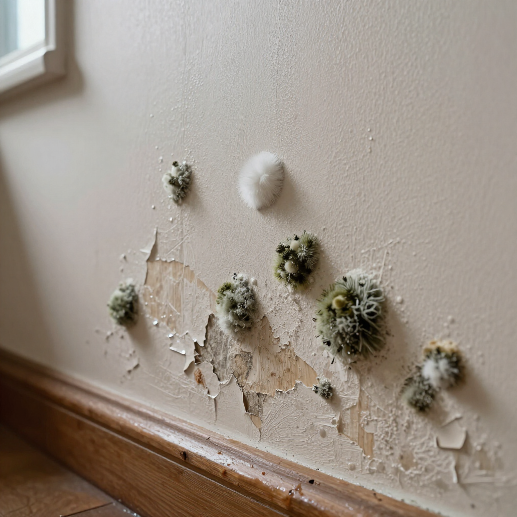 Mold spots and peeling paint on a damaged interior wall above a wooden baseboard