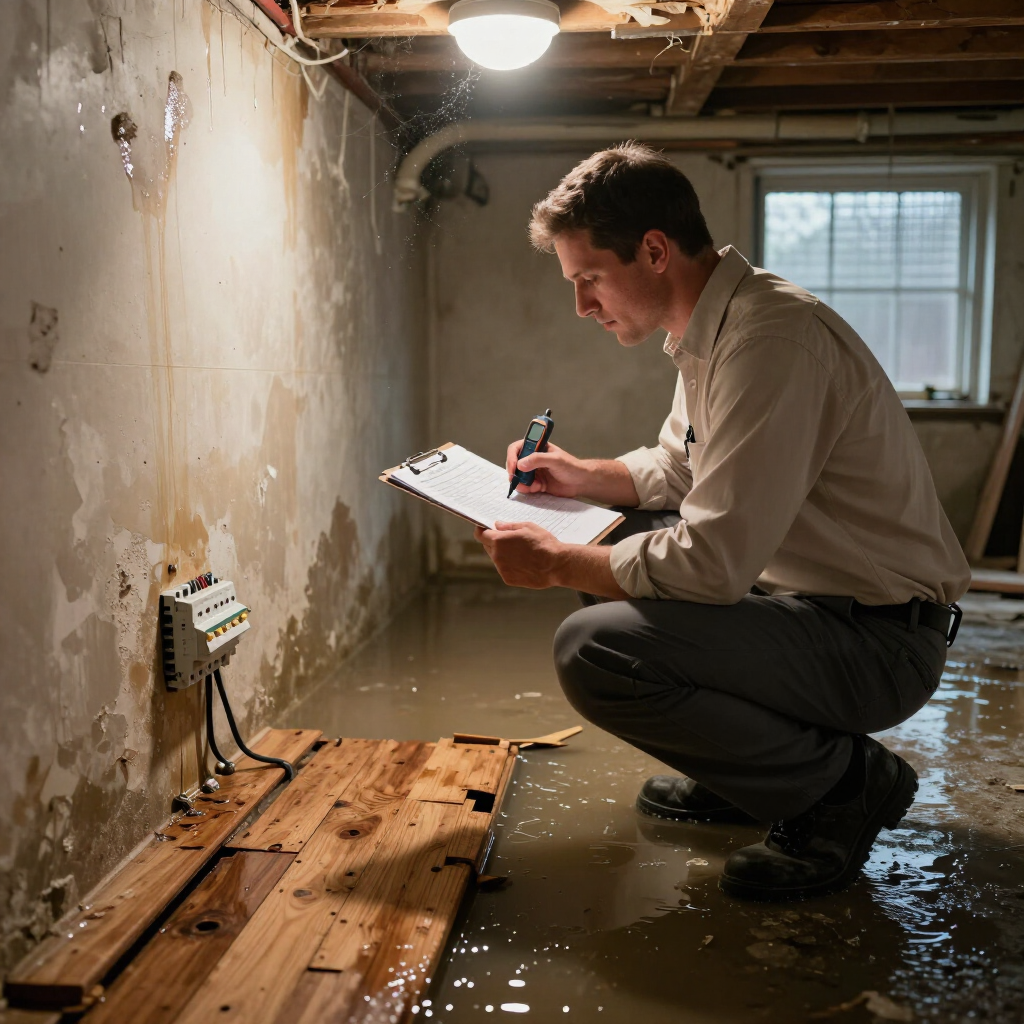Technician inspecting a flooded basement wall with a clipboard and pen beside damaged floorboards.