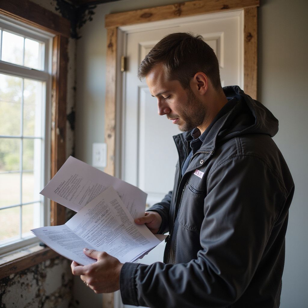 A man reading an insurance policy in a home that has storm damage