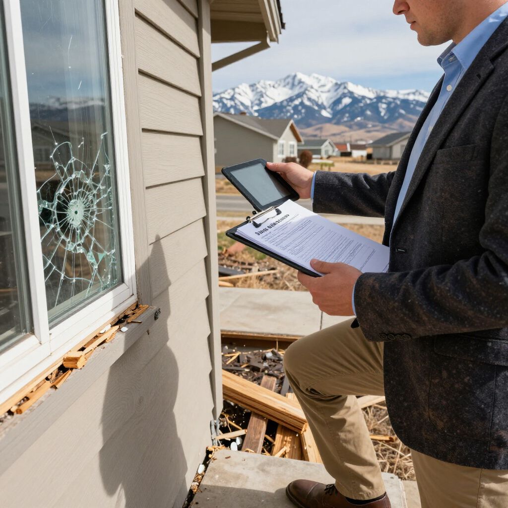 An insurance adjuster in a blazer kneels to examine a cracked window on a house with mountains in the background.