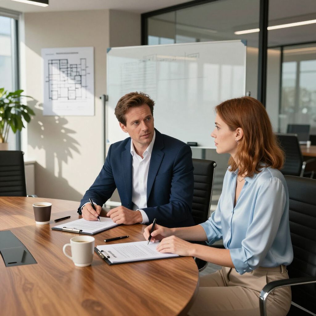Two professionals in business attire confer over paperwork at a wooden conference table in a bright, modern office.