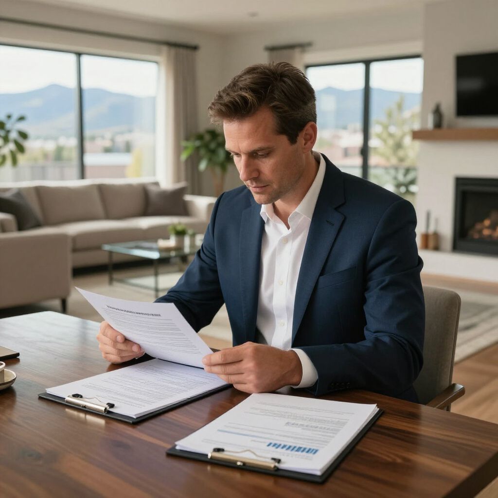 A person in a blue suit reviews documents at a wooden table in a bright, modern living room.