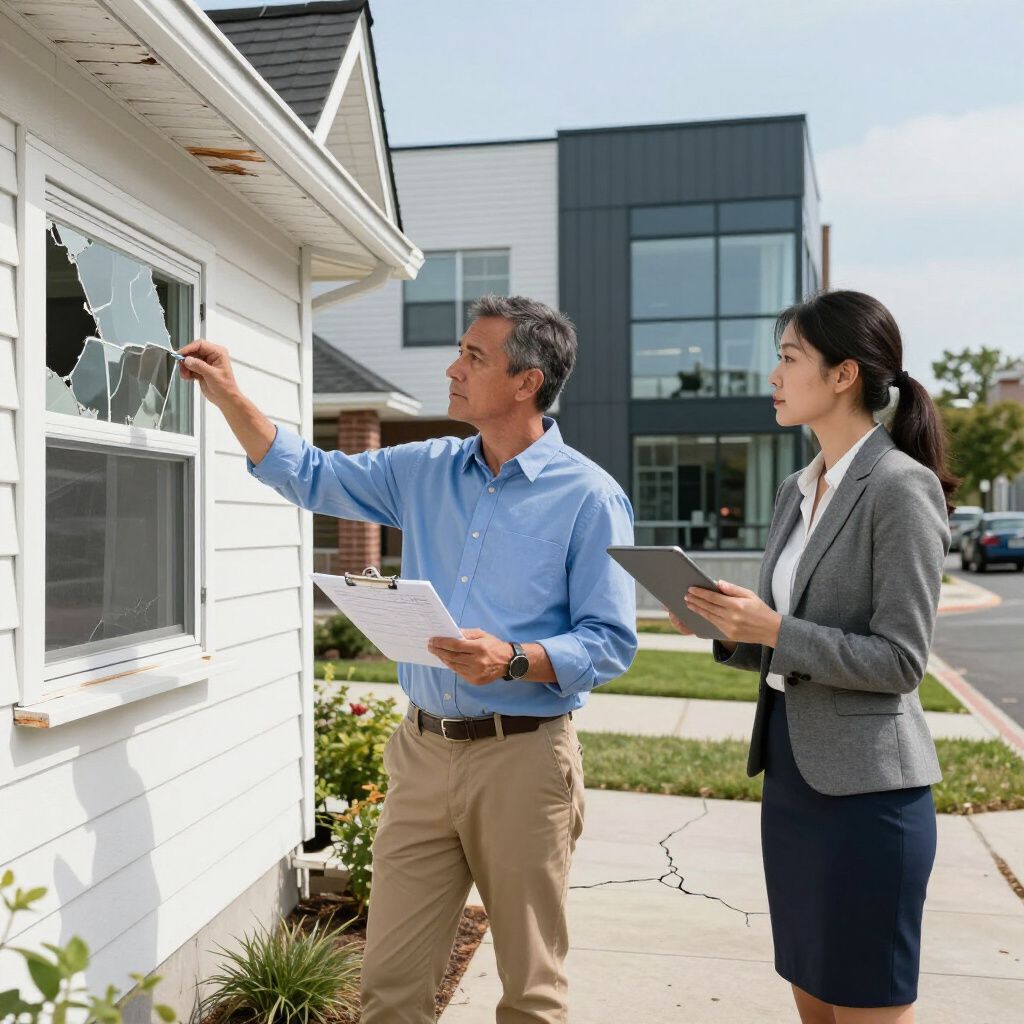Two professionals inspect a broken window on a house, one holding a clipboard and the other holding a tablet.