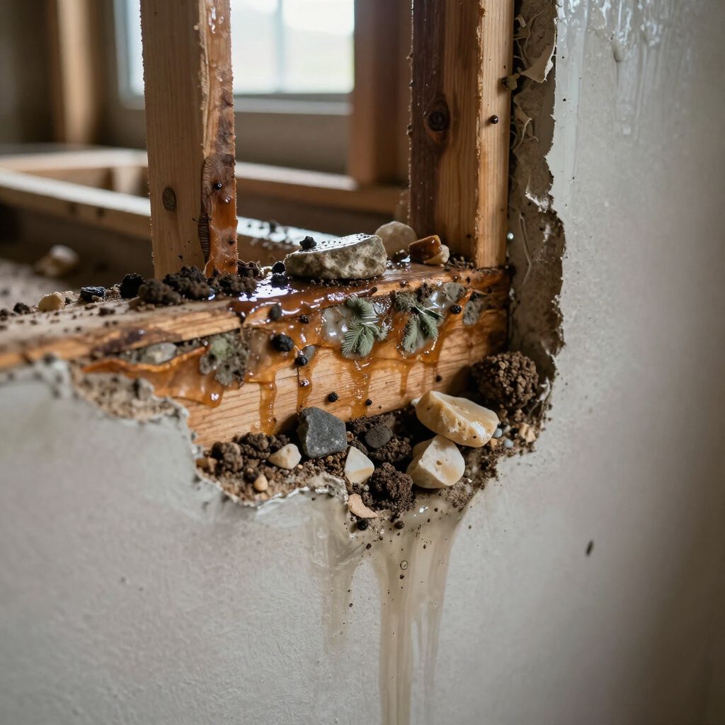 Damaged interior wall revealing wooden studs covered in dark, viscous liquid and debris, with wet streaks on the drywall.