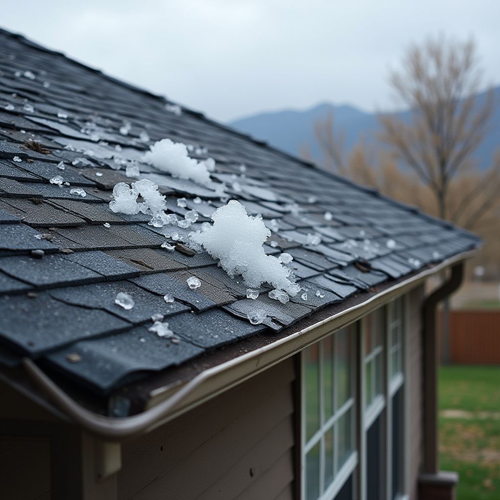 Dark asphalt roof shingles covered in scattered white hail pellets under a cloudy sky.