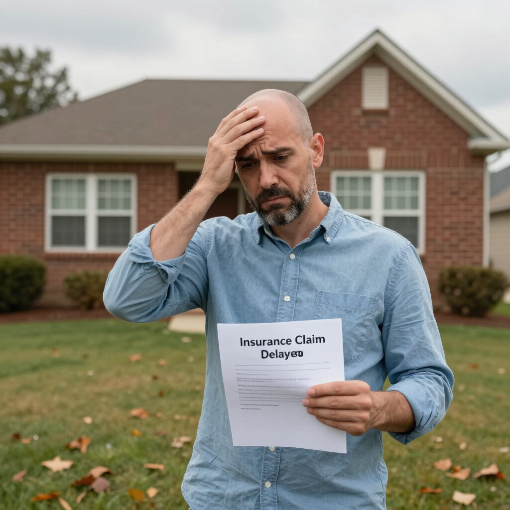 Man holding an “Insurance Claim Delays” paper outside a brick house, looking stressed and rubbing his forehead