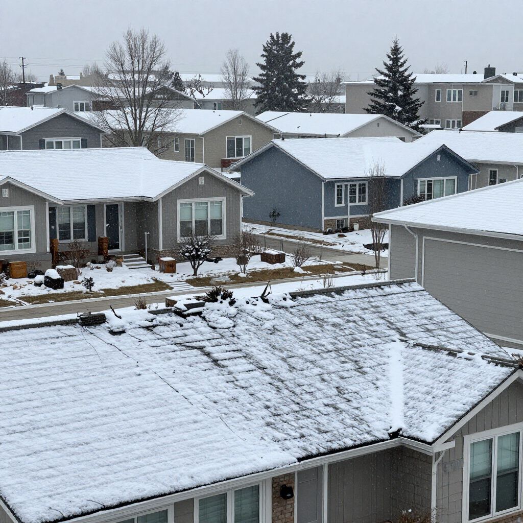 Suburban neighborhood in winter with snow-covered houses and roofs under an overcast sky.