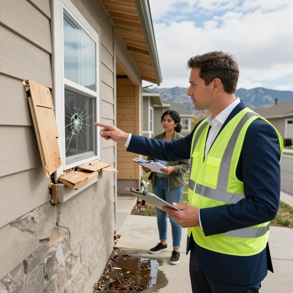 Inspector pointing at cracked window on a house exterior while another worker stands nearby, clipboard in hand