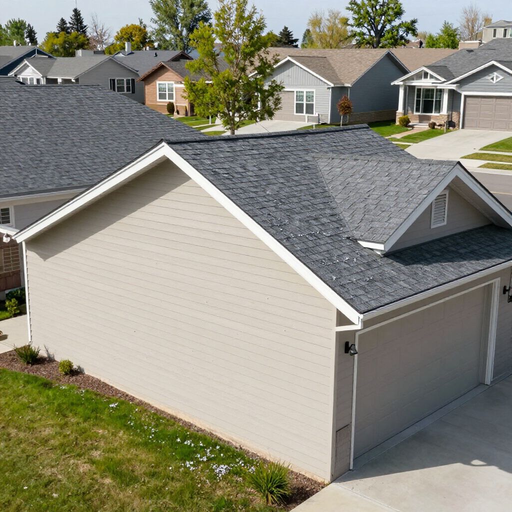 An aerial view of a tan suburban home with a gray shingle roof, a two-car garage, and surrounding neighborhood houses.