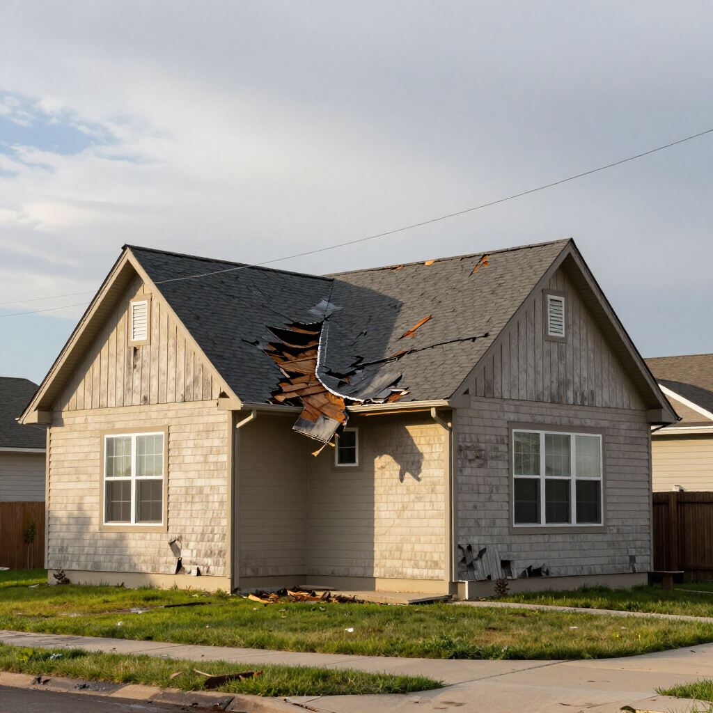Damaged house with a large roof hole and debris hanging over the front entrance