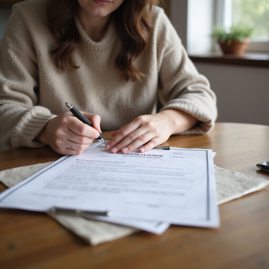 A person in a beige sweater sits at a wooden table, writing on a printed document with a black pen.