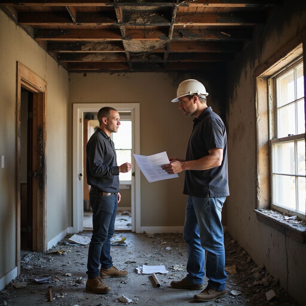 Two men standing in a home that has storm damage reading a document