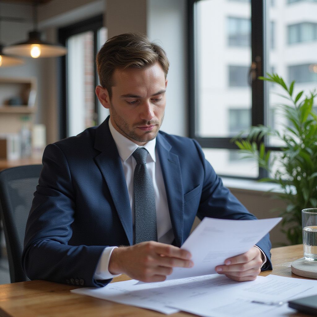 A focused person in a suit sits at a desk reviewing documents in a modern office with natural light.