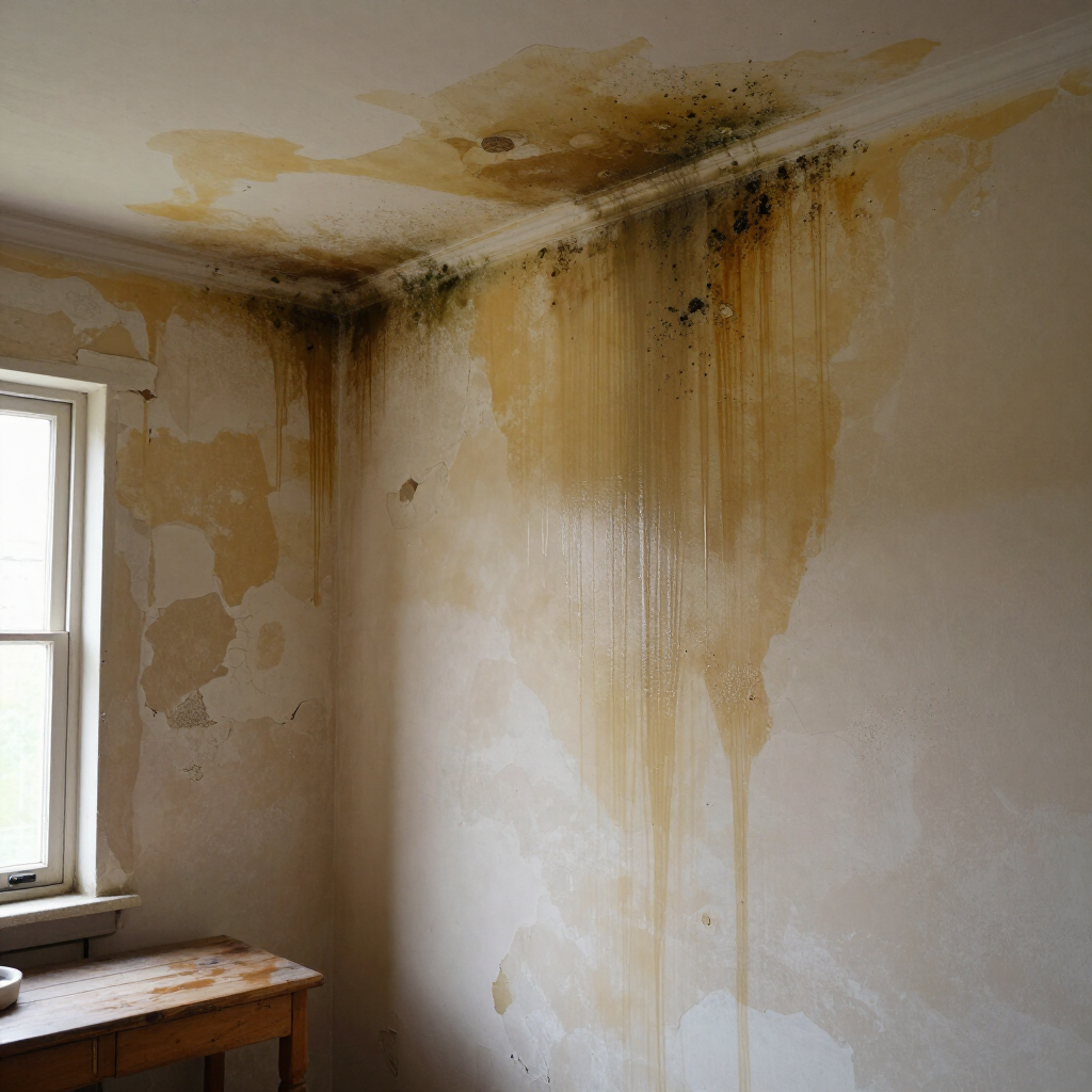 Water-damaged room with peeling walls, yellow stains, and mold at the ceiling corner near a window.