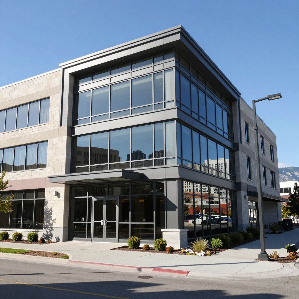 A three-story modern office building with glass windows, gray stone siding, and a street-level entrance.