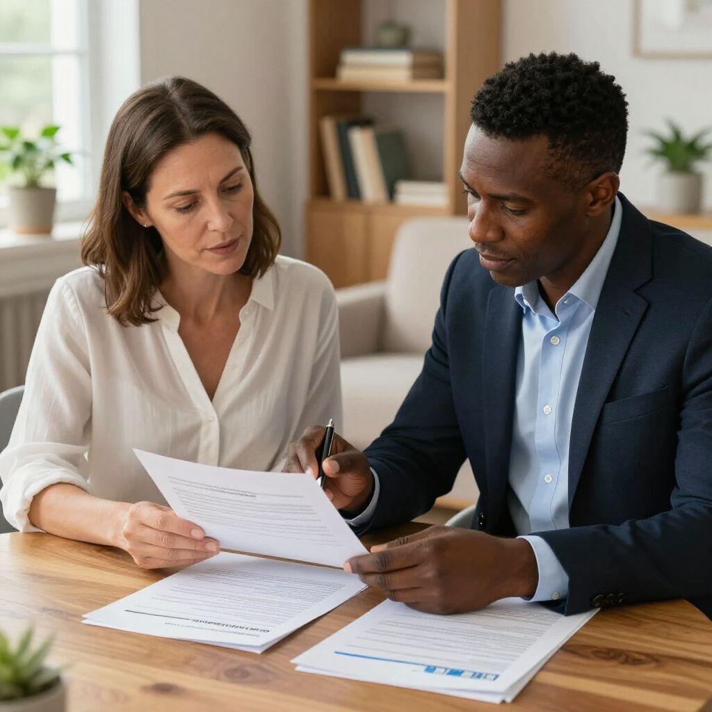 A professional consultant and client review financial documents together at a wooden table in a home office.