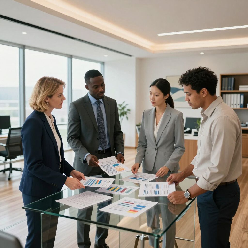 Four colleagues in a bright office review documents on a glass conference table.
