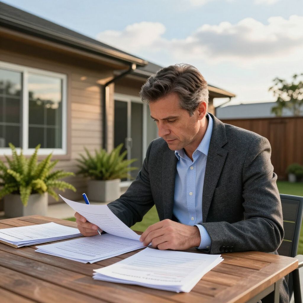 A person in a gray suit reviews documents on an outdoor table in front of a house.
