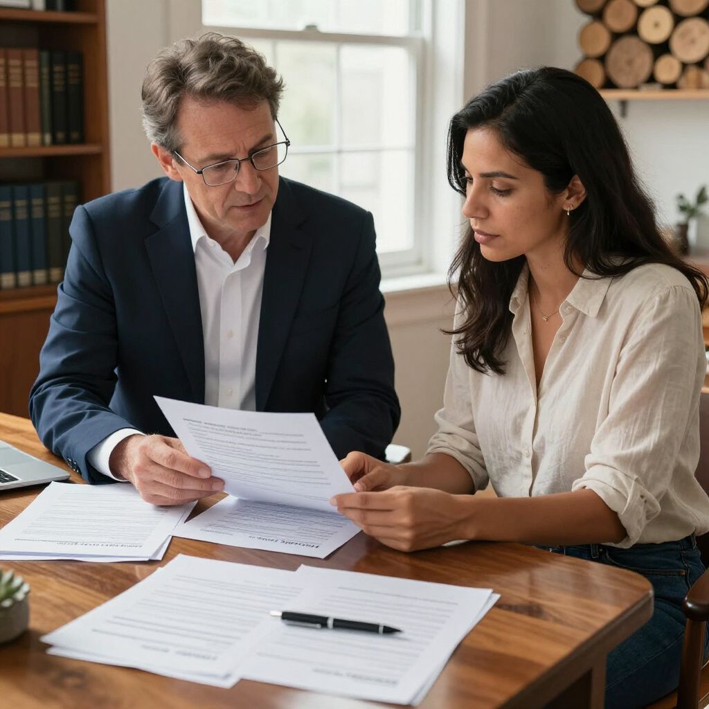 A professional in a suit and a person in a button-down shirt sit at a desk reviewing legal documents together.