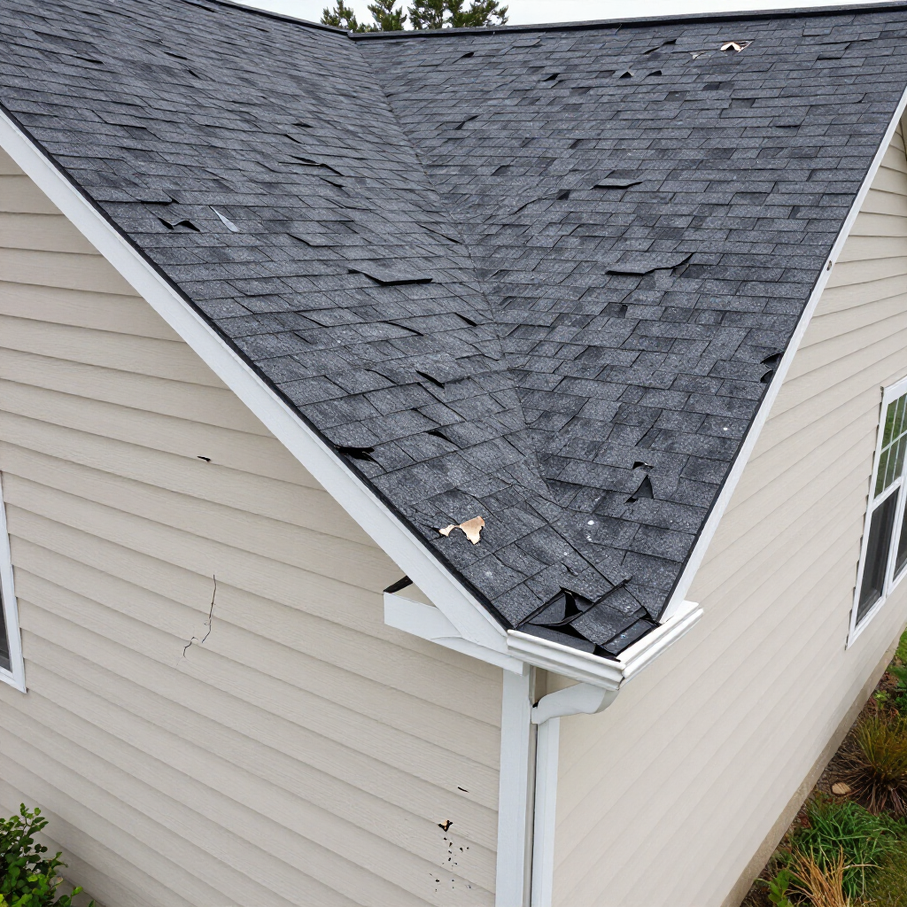 Corner view of a house with gray shingle roof and beige siding, showing damaged roof shingles near the edge