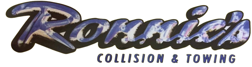 Rousin Collision & Towing logo in purple and black italic text