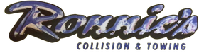 Rousin Collision & Towing logo in purple and black italic text