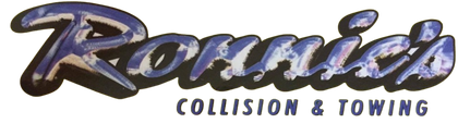 Rousin Collision & Towing logo in purple and black italic text