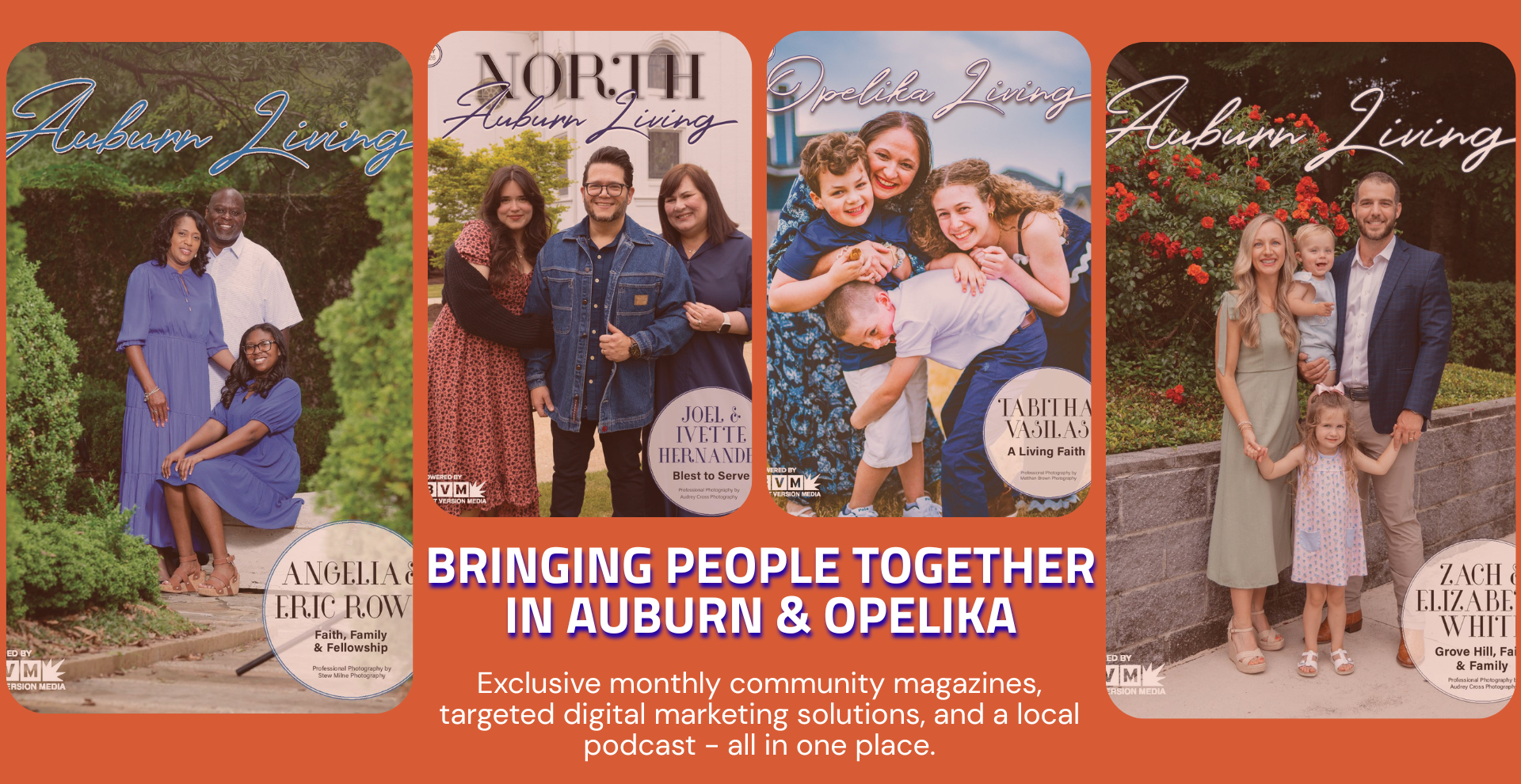 Promotional poster of smiling people in autumn foliage, titled “Bringing People Together in Auburn & Opelika.”