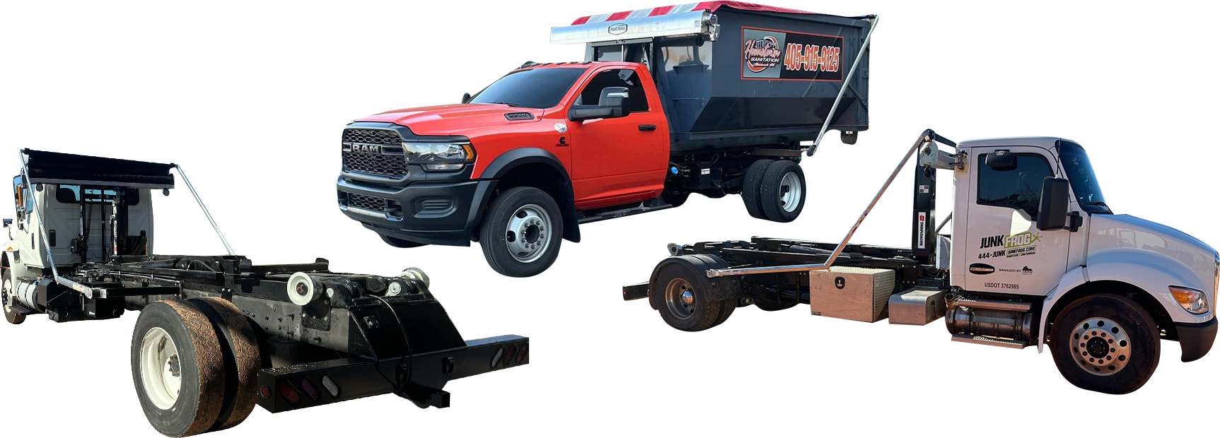 Three dump trucks are sitting next to each other on a white background.