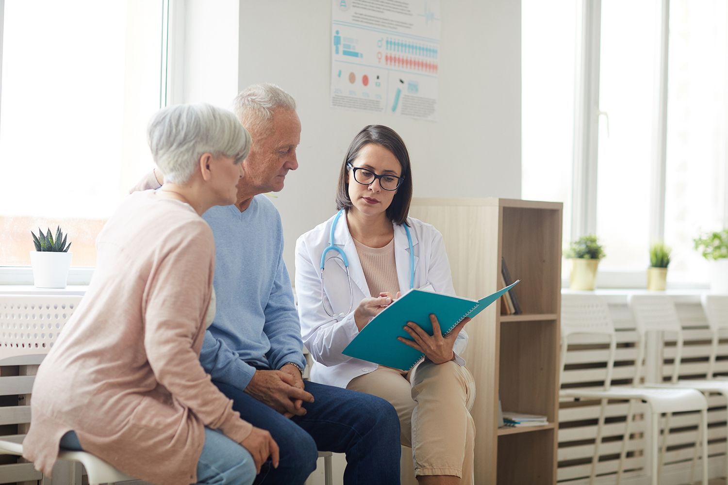 Three people seated in a bright clinic, talking with a doctor holding a blue folder. Three people seated in a bright clinic, talking with a doctor holding a blue folder.