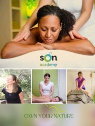 Promotionele collage voor massagetherapie met het logo van Son Academy en de slogan