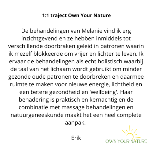 Getuigenis over de behandelingen van Melanie, met vermelding van inzichten, doorbraken en haar holistische aanpak. 