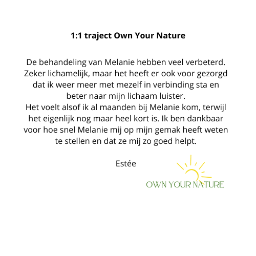Getuigenis over de behandelingen van Melanie, die het fysieke en mentale welzijn verbeteren. Inclusief een illustratie van de zon.