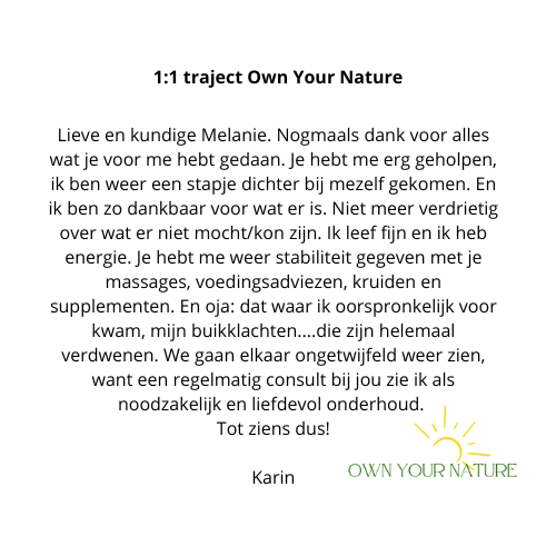 Getuigenis, waarin ze haar hulp met massages en advies prijst. Inclusief het logo 